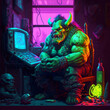 AN OGAR PLAYING VIDEOGAMES IN A NEON GLOW