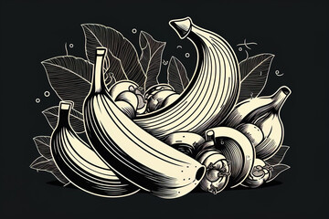 Sticker - Bananas in line art. bunch of bananas, half peeled bananas, and a single banana. Generative AI