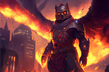 Man in a suit of owl armor hovering over the city on fire ai art