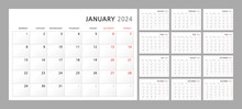 Wall Quarterly Calendar Template For 2024 In A Classic Minimalist Style. Week Starts On Monday. Set Of 12 Months. Corporate Planner Template. A4 Format Horizontal