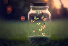Beautiful Flying Butterflies In A Jar On A Meadow