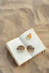 Wall Mural - Beautiful sunglasses, book and shell on sand, top view. Space for text