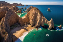 An Aerial Image Of Lands End And The Arch At Cabo San Lucas, Baja California Sur, Mexico, At The Point Where The Pacific Ocean And The Gulf Of California Converge. Generative AI