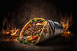 Turkish fast food delicious homemade shawarma. Burrito wrap with chicken and vegetables on a cutting board, against a dark background, cinematic light, Mexican shawarma.