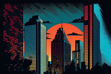 Sticker - contemporary city at night with skyscrapers. Retro Pop Art Illustration in a Vintage 1950s and 1960s Style. Generative AI