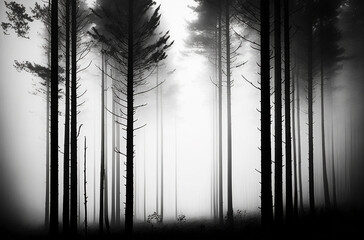 Fototapete - black and white photograph of woods and mist