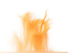 Small Size Orange Sand Flying Explosion, Fruit Sands Grain Wave Explode. Abstract Cloud Fly. Orange Colored Sand Splash Throwing In Air. White Background Isolated High Speed Shutter, Throwing Freeze