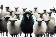 A Herd Of White Sheep With A Black One In The Middle