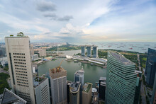 Aerial View Of Singapore Business District And City At Day In Singapore, Asia..