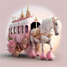 Generative AI:fairytale Pink Carriage With Beautiful Animal In An Enchanted Landscape