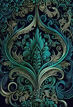 Intricate Unique Floral Pattern Scroll Leaf Abstract Teal Blue Green On Black Background, Generative Ai
