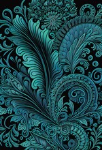 Intricate Unique Floral Pattern Scroll Leaf Abstract Teal Blue Green On Black Background, Generative Ai