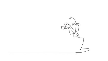 Poster - Self drawing animation of single line draw photographer taking pictures. Photo equipment for journalist. Camera digital with high resolution. Photography. Continuous line draw. Full length animated