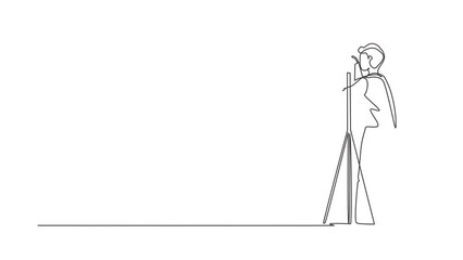 Wall Mural - Animated self drawing of continuous one line draw male photographer with camera. Studio photo. Professional photographer taking pictures, images. Photography concept. Full length single line animation