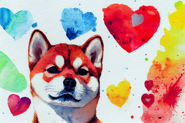 Sticker - Watercolor illustration of Shiba Inu dog head on white background.