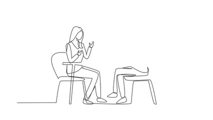 Poster - Self drawing animation of single line draw TV show with guest. Celebrity giving interview to television presenter, journalist asking famous woman host. Continuous line draw. Full length animated