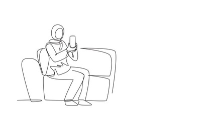 Poster - Animated self drawing of continuous line draw Arab influencer filming video review smartphone on dslr camera. Blogger advertising tech product, streaming live. Full length single line animation
