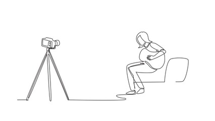 Poster - Animated self drawing of continuous line draw woman blogger recording, live steam playing guitar on social media. Concept of guitarist online lesson while stay at home. Full length one line animation