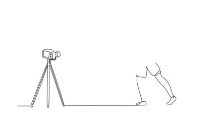 Poster - Self drawing animation of single line draw man doing exercise on mat with camera. Shooting video for blog on video camera. Online training. Sport at home. Continuous line draw. Full length animated