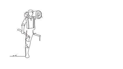 Wall Mural - Self drawing animation of single line draw lumberjack holding timber, axe. Wooden materials manufacturing, standing with axe, posing with one foot on tree. Continuous line draw. Full length animated