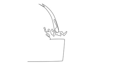 Poster - Animated self drawing of continuous line draw milk pouring into glass creating splashes. Splashing milk in a glass. Milk splash in a glass. Dairy poured into glass. Full length one line animation