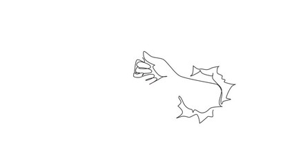 Poster - Animated self drawing of continuous line draw right man's hand hold white cup with coffee. Torn hole in white paper, copy space. Concept of lunch break at work, lunch. Full length one line animation
