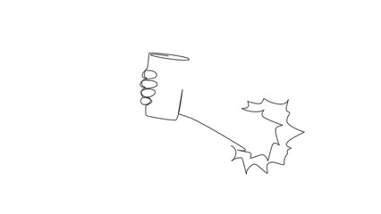 Poster - Animated self drawing of continuous line draw hand holding glass with lemonade juice through torn white paper. Drink made of fresh lemon juice. Juicy orange water. Full length single line animation