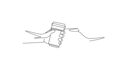 Poster - Animated self drawing of continuous line draw couple is toasting with paper cup and drink coffee. Close-up cropped view of two human hands holding disposable cups. Full length single line animation