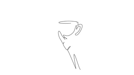 Poster - Animated self drawing of continuous line draw hand hold cup of coffee steam light bulb. Worker want to drink coffee before work. Happy break morning time at office. Full length single line animation