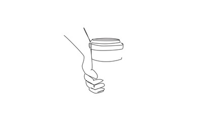 Poster - Self drawing animation of single line draw take away retro illustration of vintage stylized human hands hold paper cup. Coffee break refreshment from work. Continuous line draw. Full length animated