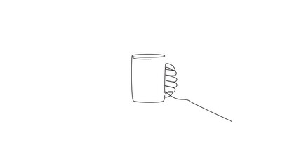 Poster - Self drawing animation of single line draw human hand is holding a ceramic cup with tea. Hand holds hot mug by the handle. Relax time in the morning. Continuous line draw. Full length animated