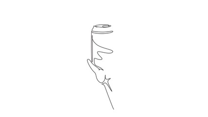 Poster - Animated self drawing of single continuous line draw hand holds a wet aluminum can. Realistic soda cans without labels on white background. Mock up template concept. Full length one line animation