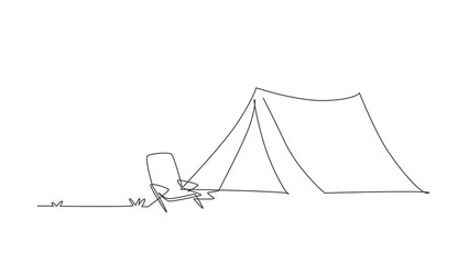 Wall Mural - Self drawing animation of single line draw camping with mountains background. Tents with two chair in pine forest on the grass. Summer camping on nature. Continuous line draw. Full length animated