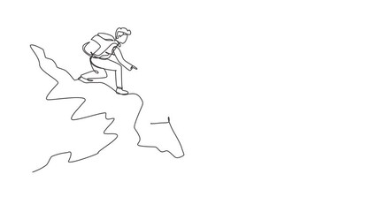 Poster - Self drawing animation of single line draw men hiker helping each other on top of mountain. Teamwork hiking help each other trust assistance. Goal concept. Continuous line draw. Full length animated