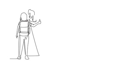 Wall Mural - Self drawing animation of single line draw woman with backpack traveling by auto stop. Car, thumb up, road. Vacation and trip concept for banner, website. Continuous line draw. Full length animated