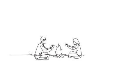 Wall Mural - Animated self drawing of single continuous line draw traveling couple active recreation camping around campfire tents. Man and woman warm their hands near bonfire. Full length one line animation