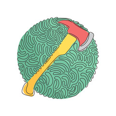 Poster - Single continuous line drawing red fire axe icon. Firefighter ax. Fire extinguishing equipment. Professional tool. Swirl curl circle background style. One line draw graphic design vector illustration