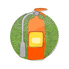 Poster - Single one line drawing red fire extinguisher protection with nozzle. Portable fire equipment from fire department set. Swirl curl circle background style. Continuous line draw design graphic vector