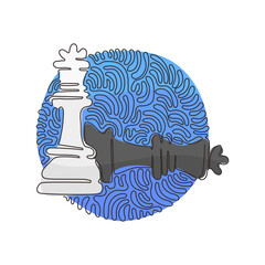 Poster - single continuous line drawing figures of wooden chess on chessboard. king, queen of opposing team's