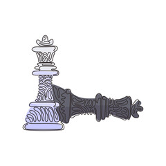 Poster - single one line drawing figures of wooden chess on chessboard. king, queen of opposing team's. compo