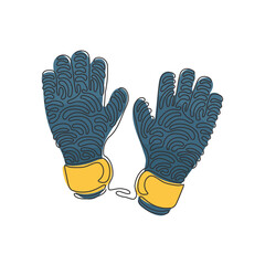 Poster - Single continuous line drawing Goalkeeper gloves. Goalkeeper protection gloves. Soccer goalkeepers gloves. Outdoor sport. Swirl curl style. Dynamic one line draw graphic design vector illustration
