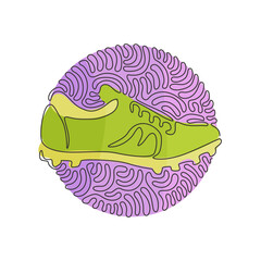 Poster - Single continuous line drawing Football boots. Soccer boots. Soccer shoes. Soccer football boots cleats shoes. Swirl curl circle background style. One line draw graphic design vector illustration