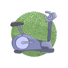 Poster - Single one line drawing bicycle exercise machine. Stationary exercise bike gym. Static bike for workout. Swirl curl circle background style. Continuous line draw design graphic vector illustration