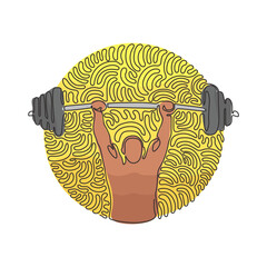 Poster - single continuous line drawing bodybuilder fitness model with barbell. fitness logo badge with muscl