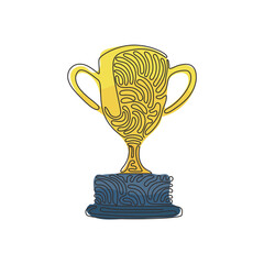 Poster - Single continuous line drawing winner's trophy icon. Golden trophy vector is symbol of victory in sports event. Swirl curl style concept. Dynamic one line draw graphic design vector illustration