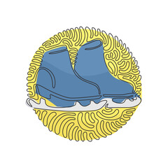 Poster - Single continuous line drawing pair of figure skates. White women Ice skates. Ice skating outdoor winter activities with family. Swirl curl circle background style. One line draw graphic design vector
