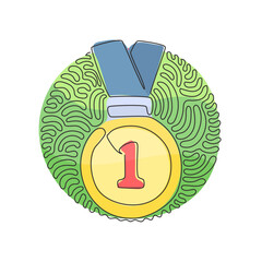 Poster - continuous one line drawing gold medal for first place. gold medal on ribbon. award for victory winn