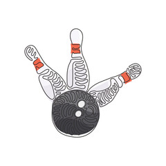 Poster - Single continuous line drawing Bowling ball and pins. Sports equipment. Bowling ball crashing into pins. Bowling ball striking pins. Swirl curl style. Dynamic one line draw graphic design vector