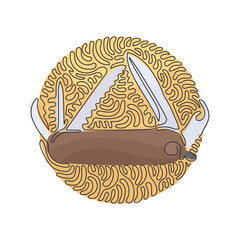 Poster - Single one line drawing multifunctional pocket knife, camping and hiking equipment. Camping knife tool. Swirl curl circle background style. Continuous line draw design graphic vector illustration