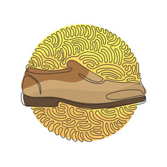 Poster - Single continuous line drawing male black leather shoes. Comfortable footwear. Men's shoes picture that fit into fashion of the year. Swirl curl circle background style. Dynamic one line draw graphic